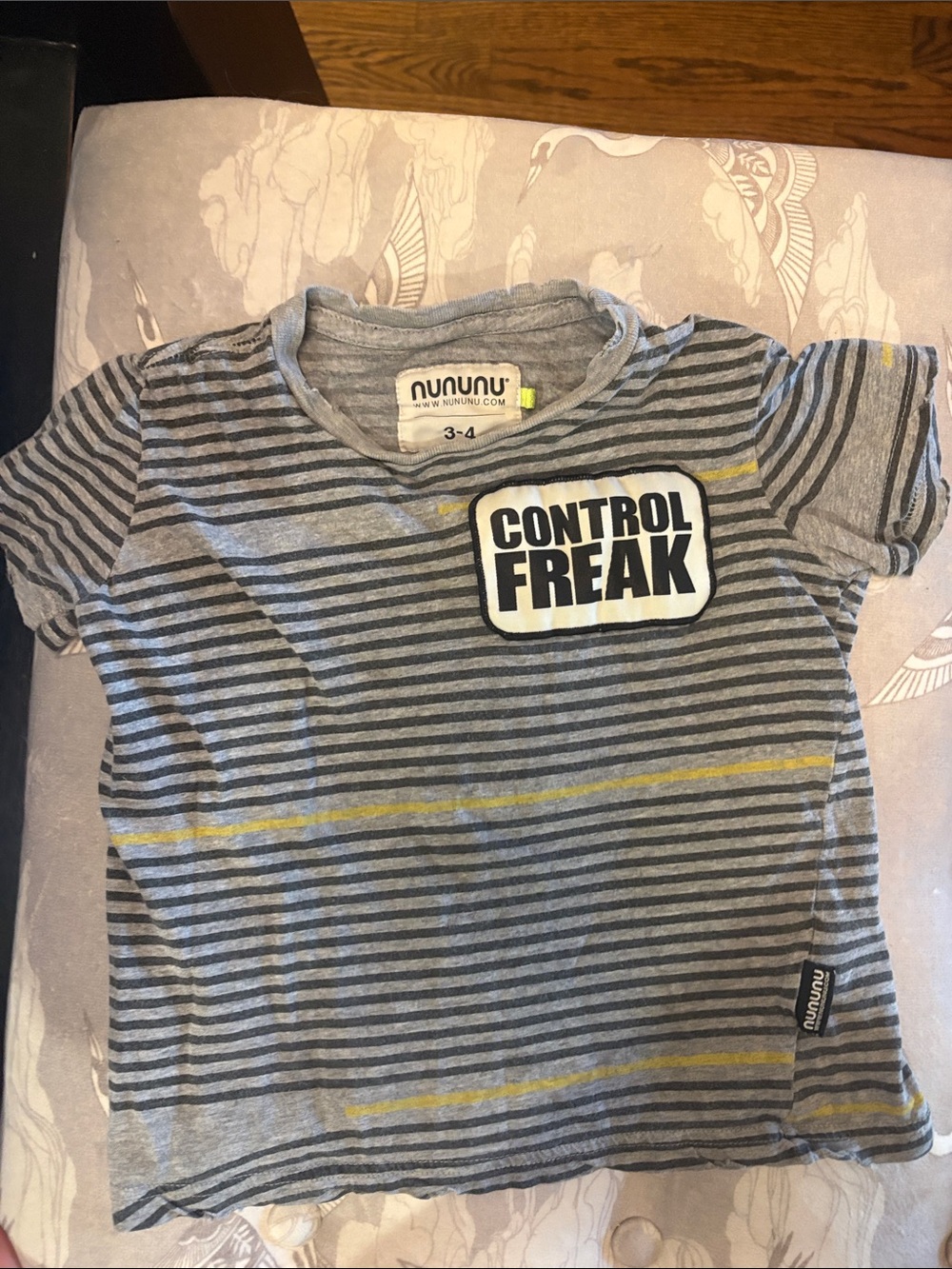 nununu Grey & Yellow Striped 'Control Freak' Tee